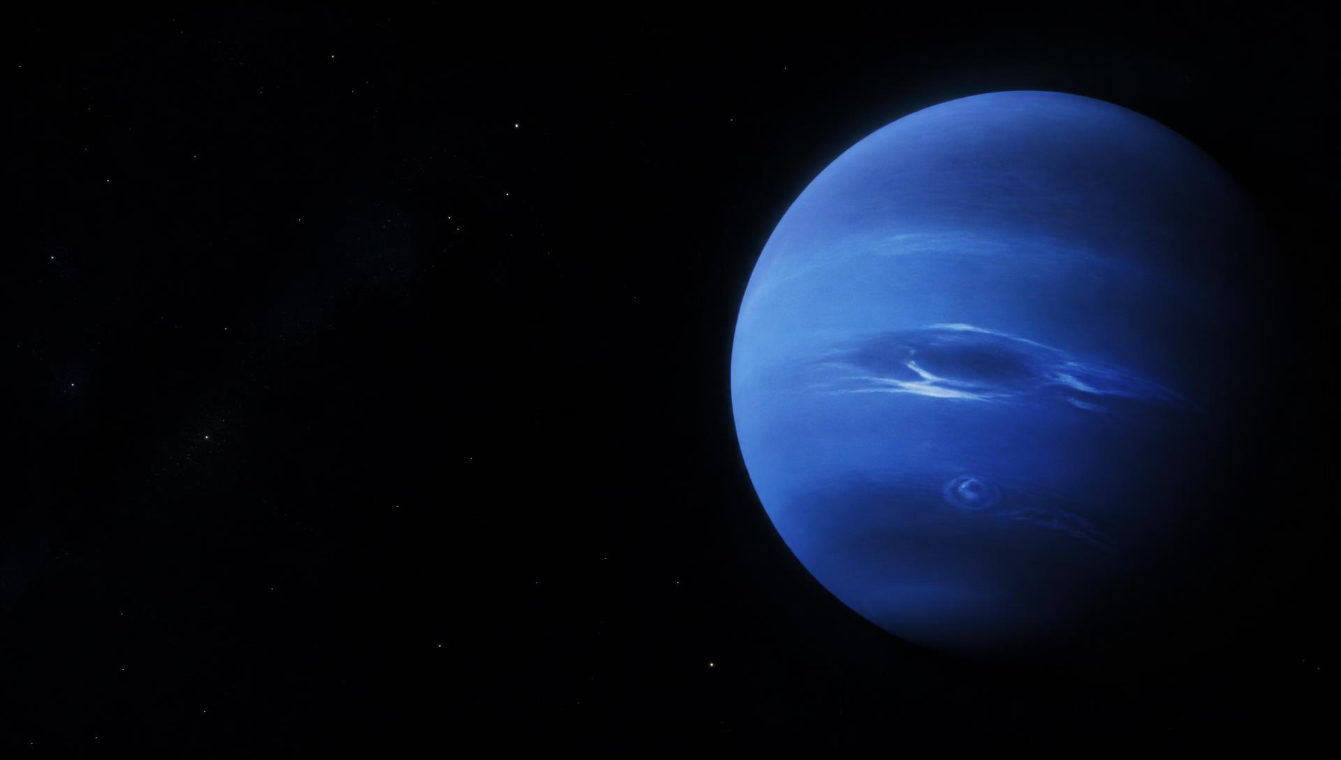 The planet Neptune, a deep blue gas giant, against the black of space